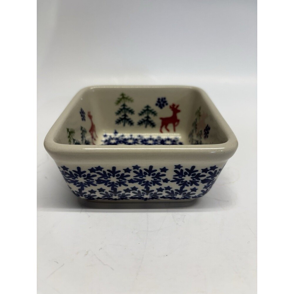 Polish Pottery Small Square Dish Bowl Deer‎ Trees Snowflake Handmade Boleslawiec